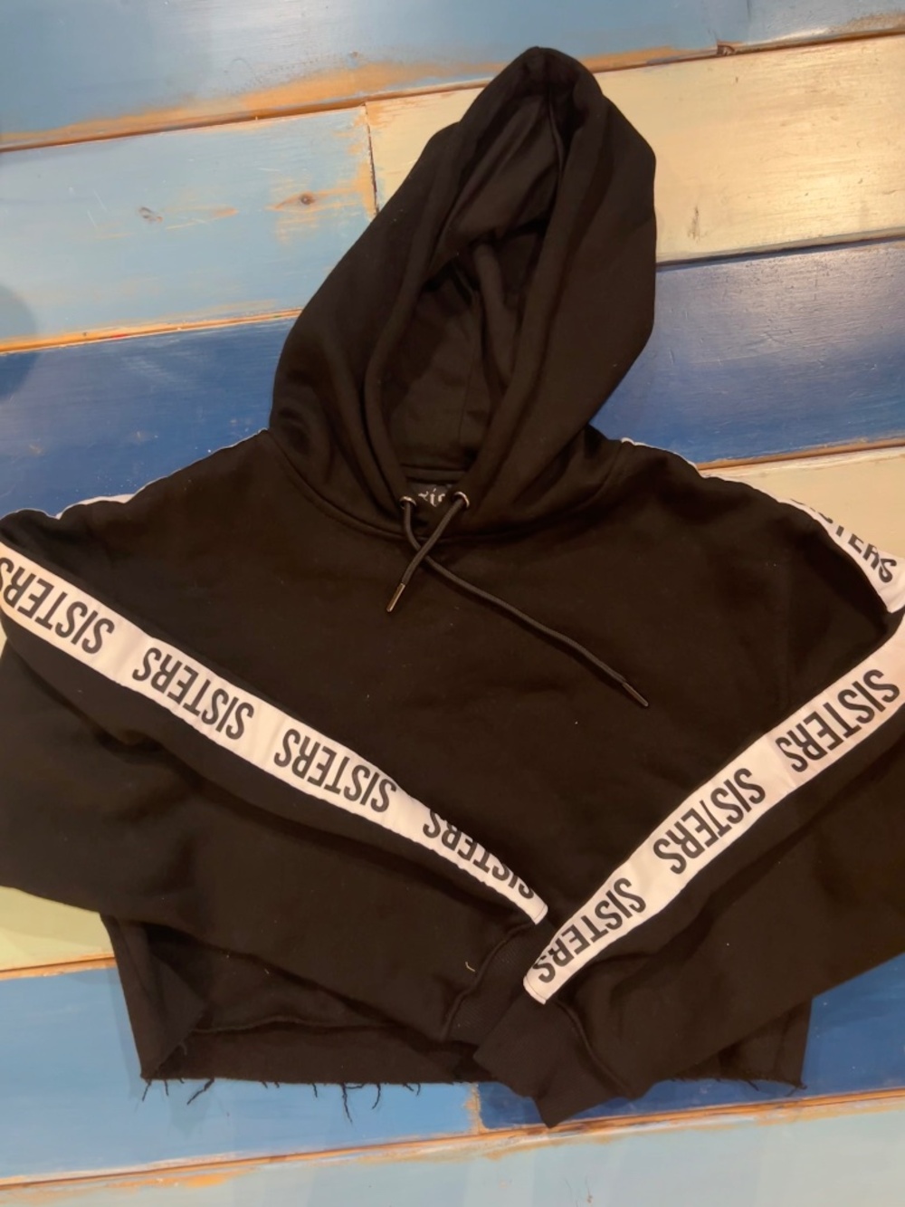 Sisters Black Logo Tape Cropped Pullover Hoodie Small